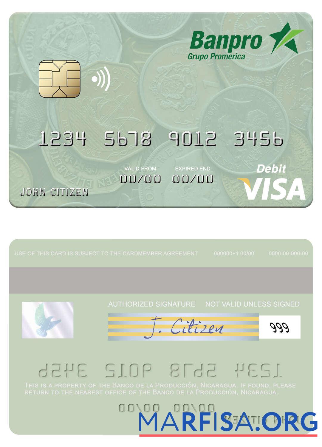 Realistic Nicaragua Banco de la Producción visa debit card download for verification